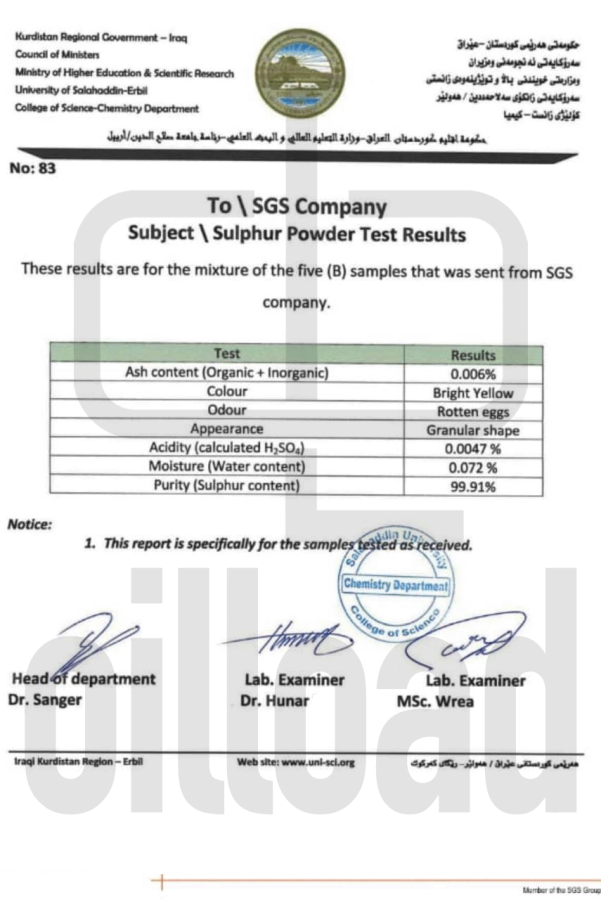 the Iraqi Sulfur specification